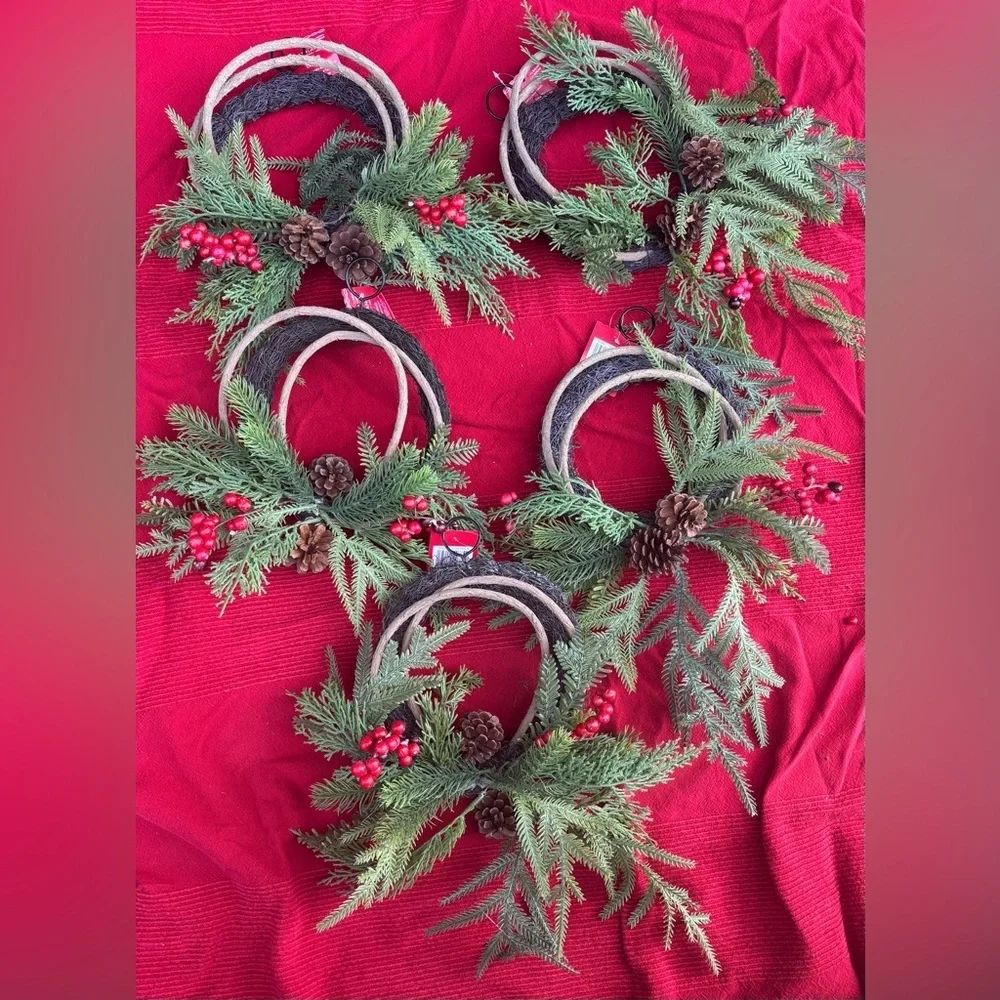 NWT set of 5 faux pine & cedar mix with red berry Christmas wreaths bundle